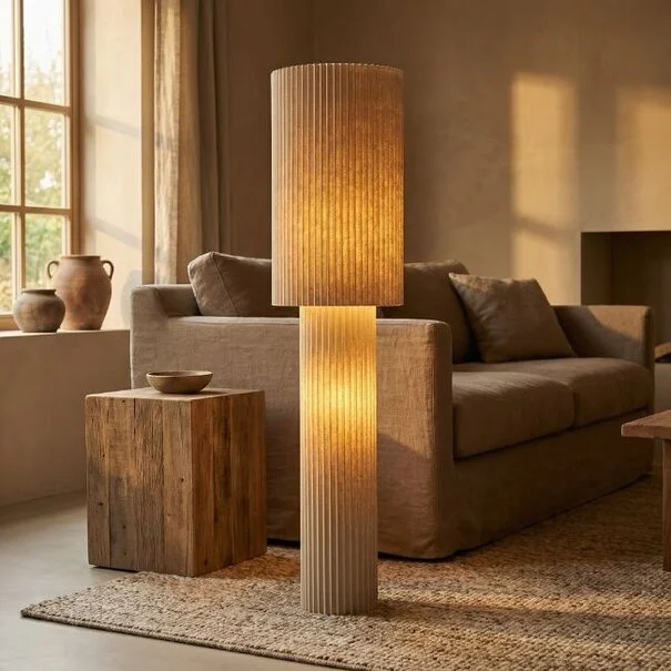 ETH Japandi vloerlamp Renate 2-lichts beige linnen 140 cm hoog Ø 35 cm