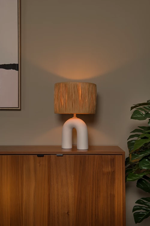Lucide RONDA - Tafellamp - 1xE27 - Wit met Rotan kap