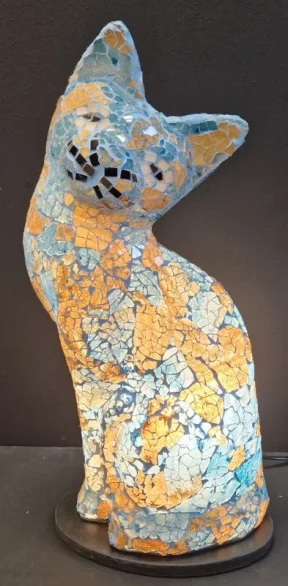 Mozaiek lamp glas blauw /goud kat