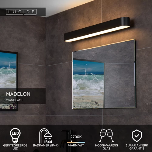 Lucide MADELON - Wandlamp Badkamer - LED - 1x9W 2700K - IP44 - Zwart - Afbeelding 2